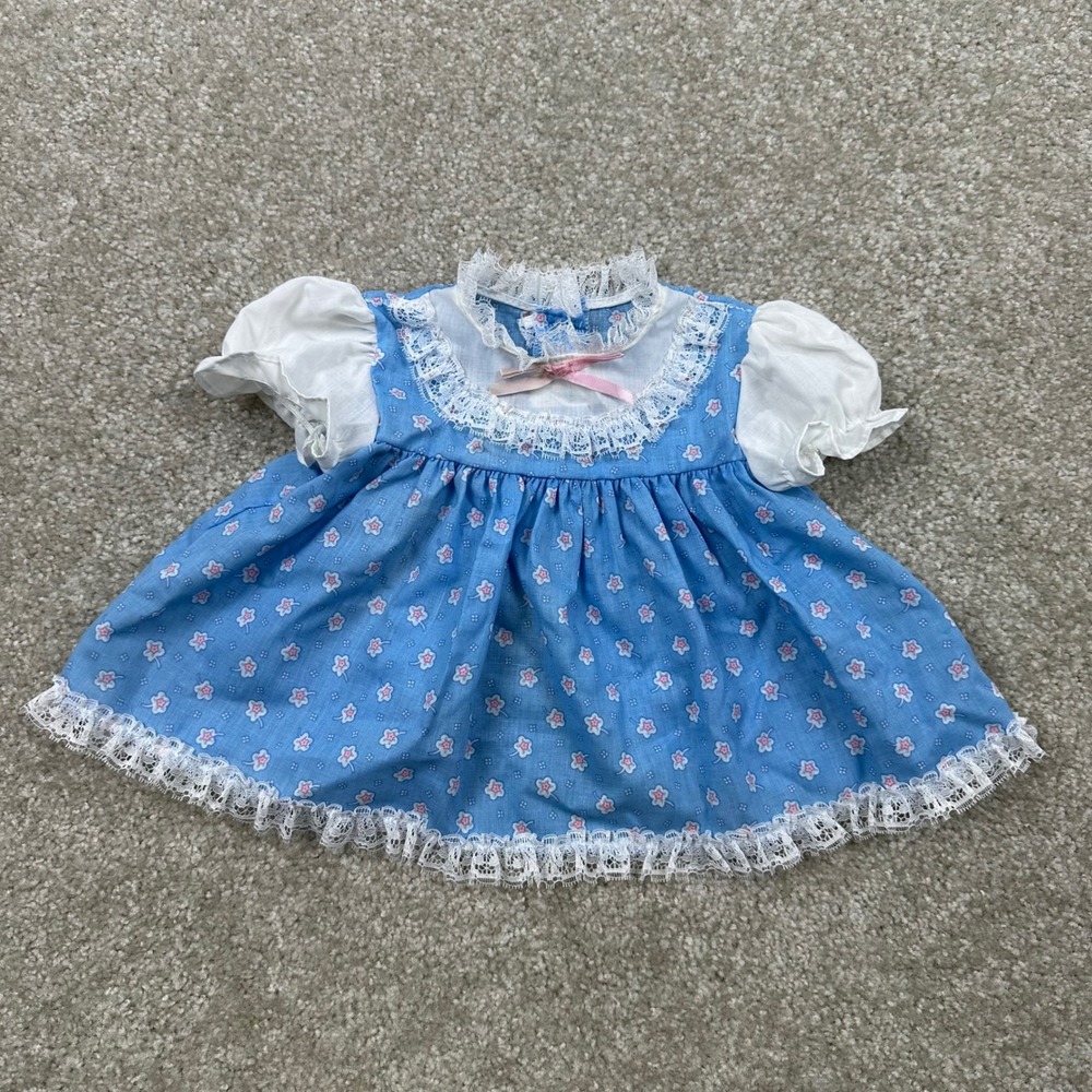 Vintage Cutest One Baby Dress Blue Floral Lace Trim Puff Sleeve 12M Made in USA